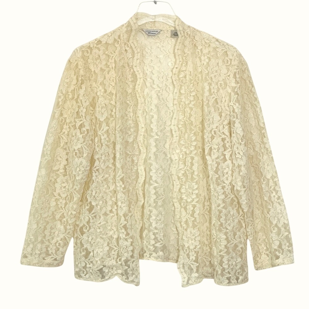 VTG Laura Ashley Topper Plus 16W Ivory Lace Pearls Sequins Open Coquette Regency